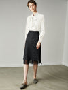 Satin Bow‑Tie Stand‑Collar Long‑Sleeve Blouse