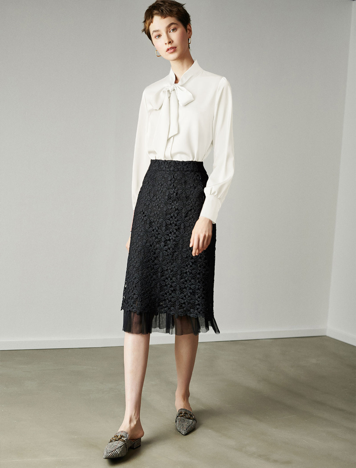 Satin Bow‑Tie Stand‑Collar Long‑Sleeve Blouse
