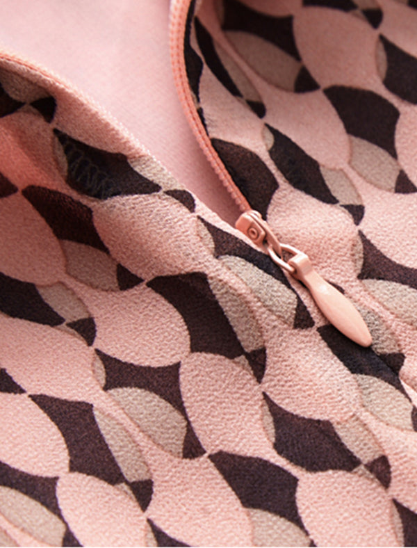 Geometric Print Ruffled Neckline Midi Dress