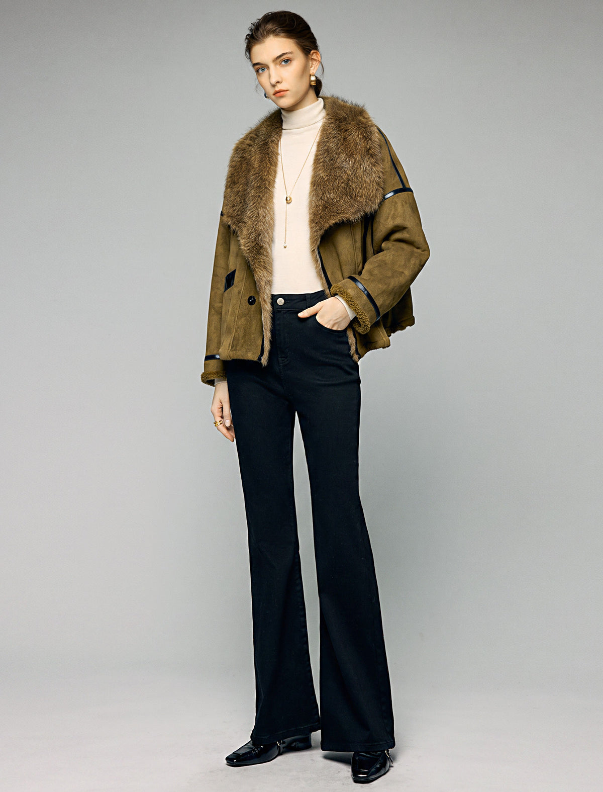 Contrast-Trim Wide-Lapel Cropped Moto Jacket