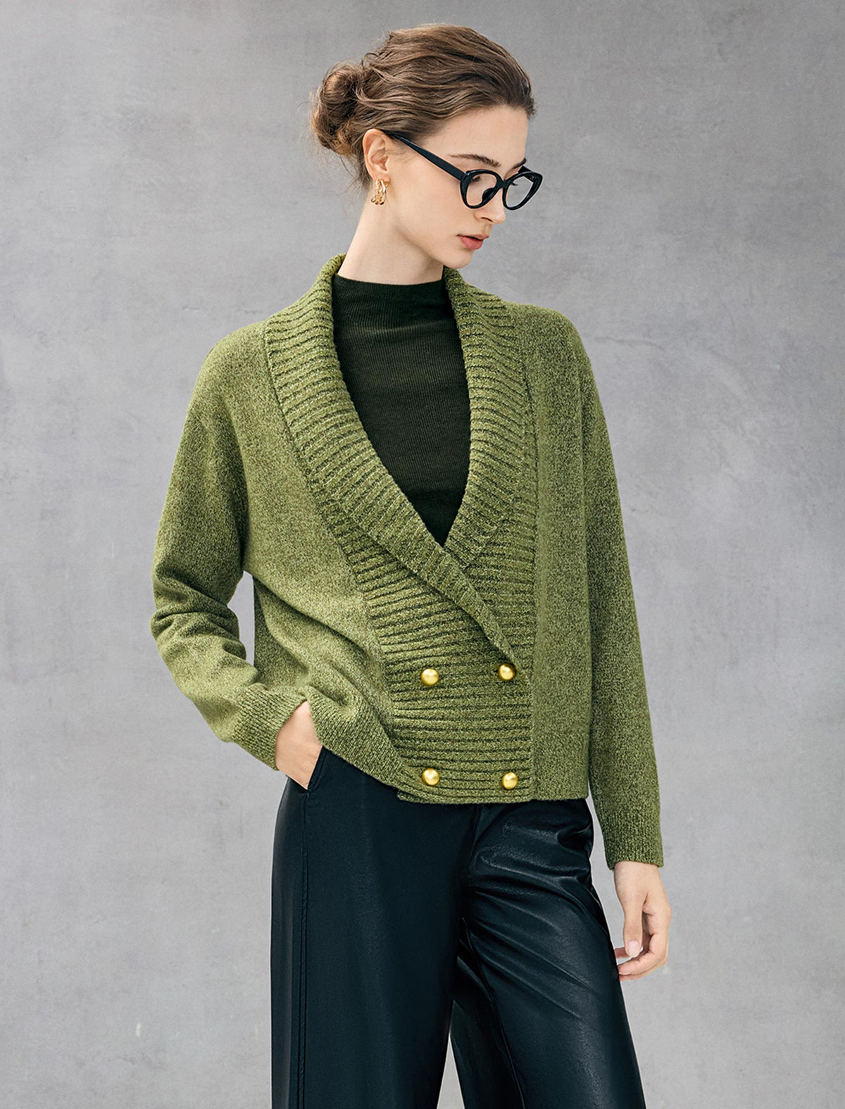 Wool Blend Shawl-Collar Double-Breasted Cropped Cardigan