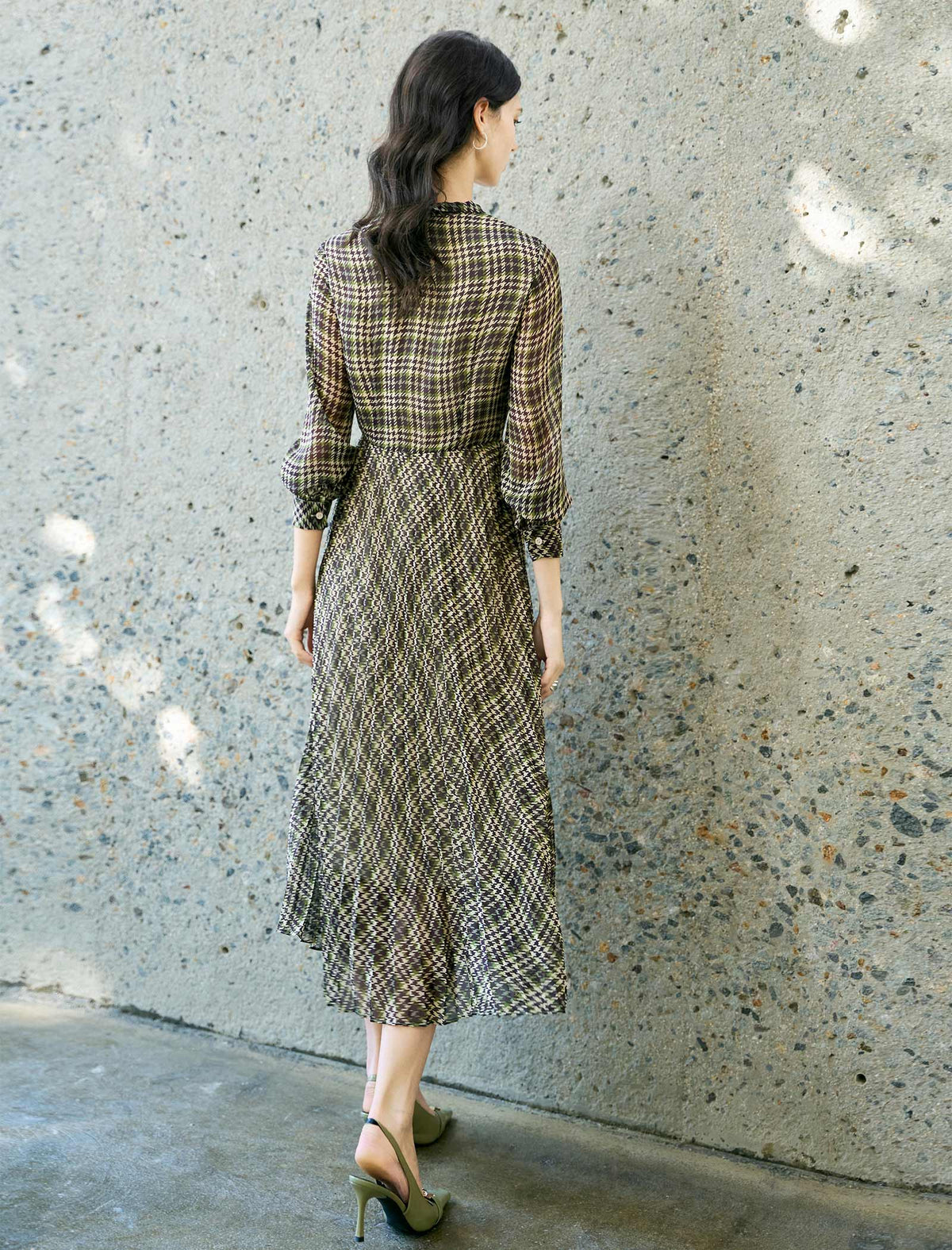 Houndstooth Print Pleated Midi Shirt Dress
