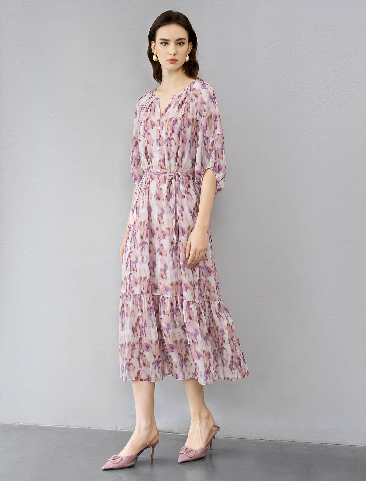 Watercolor Print Tiered Midi Dress
