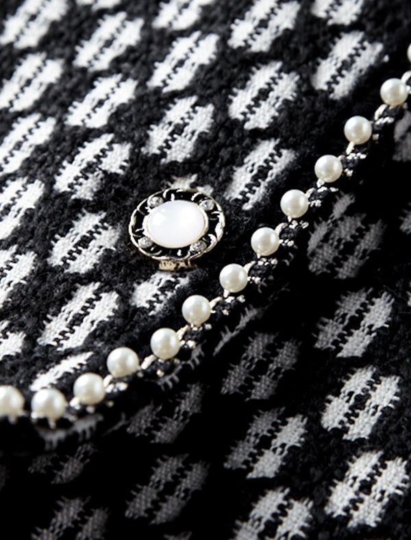 Checkered Round Neck Short Wool Coat