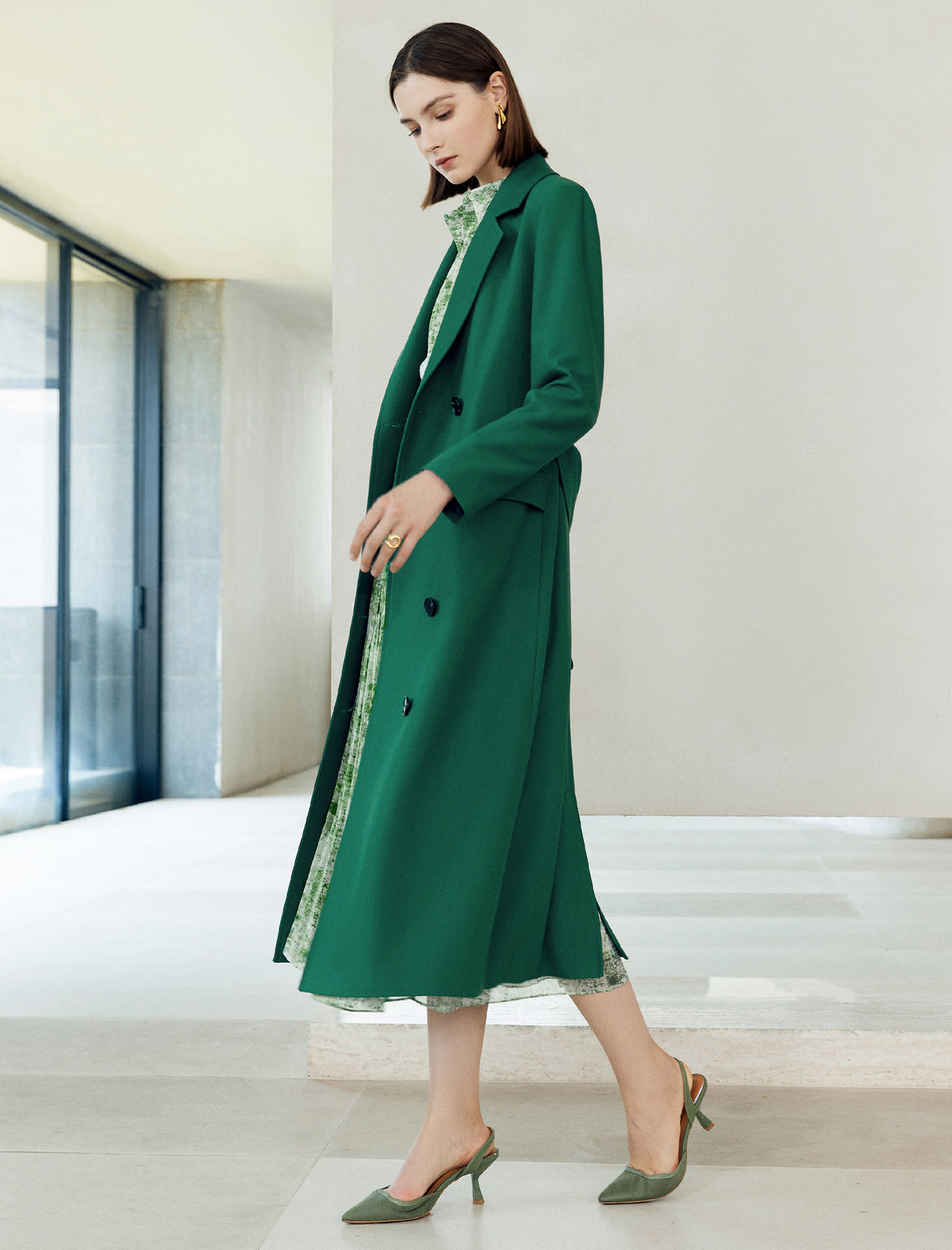 Gathered Waist Double-Breasted Trench Coat