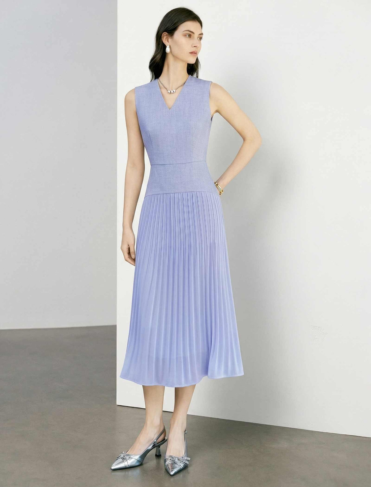 V-Neck Pleated Midi Dress