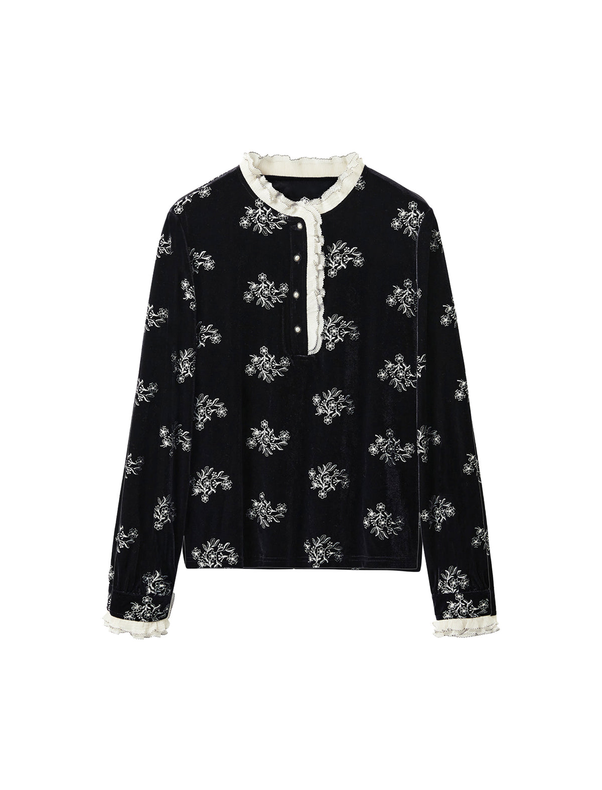 Floral Long-Sleeve Blouse with Lace Trim