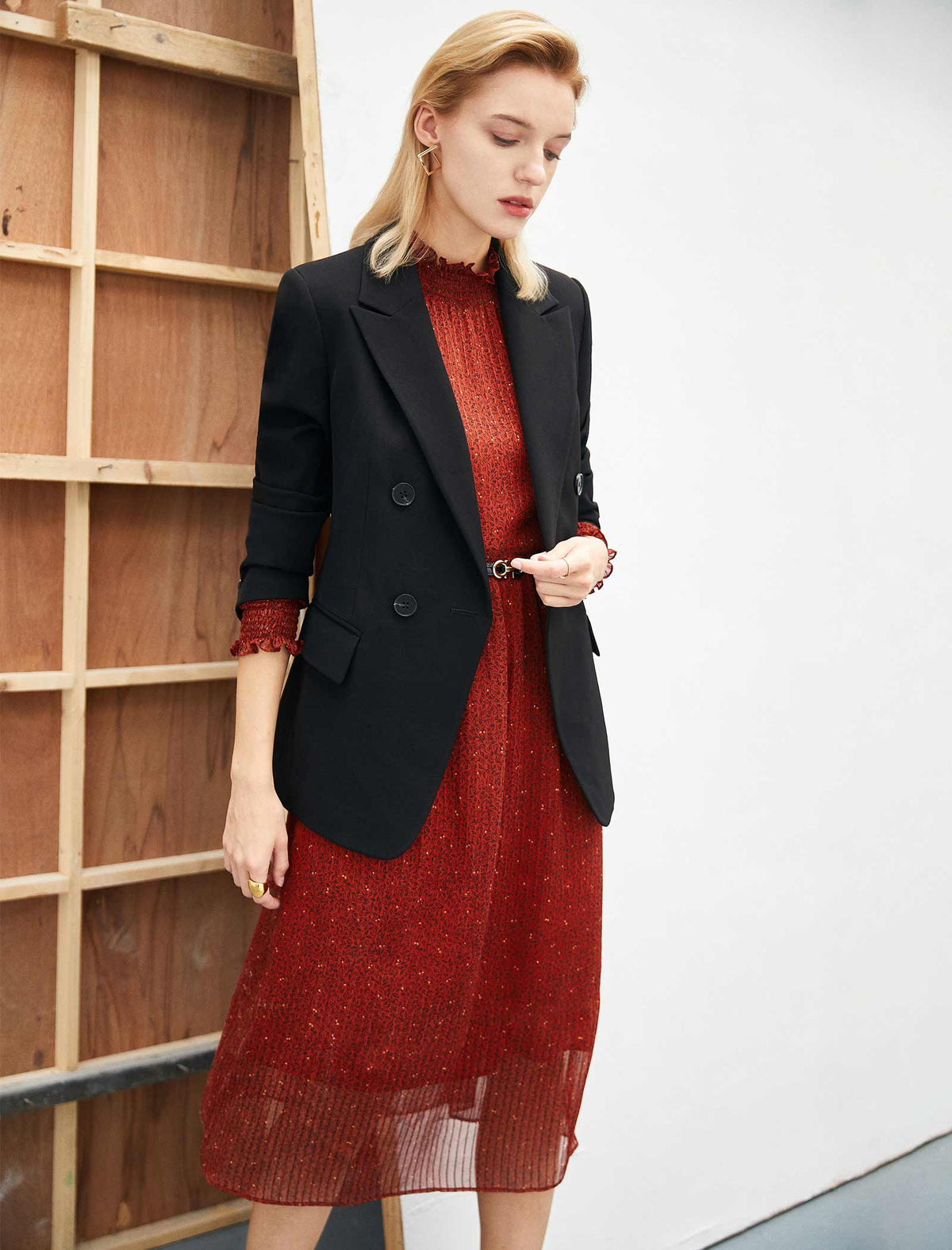 Rust Red Ruffled Neck Midi Dress