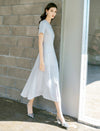 Light Gray Mixed Fabric Pleated Midi Dress