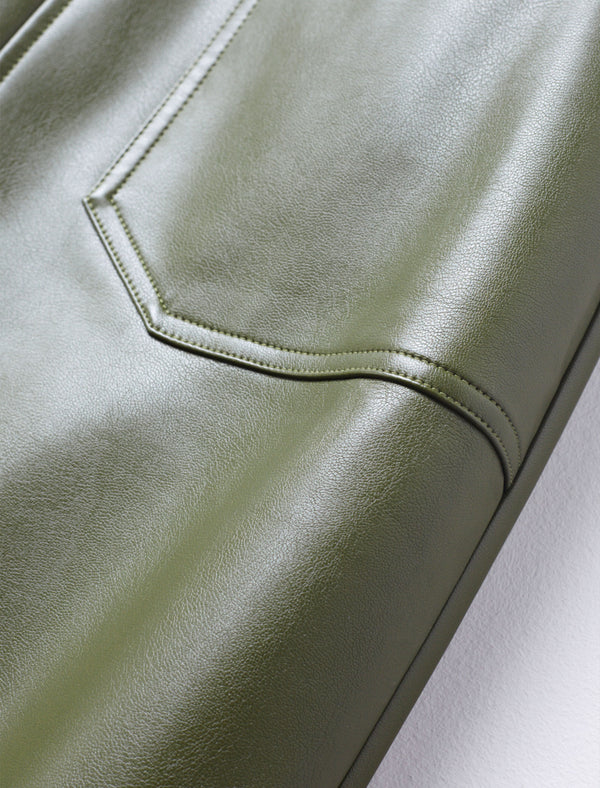 Olive Green Faux Leather Midi Skirt