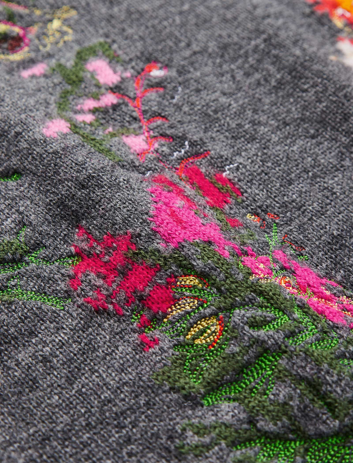 Grey Floral Embroidered Short Sleeve Sweater