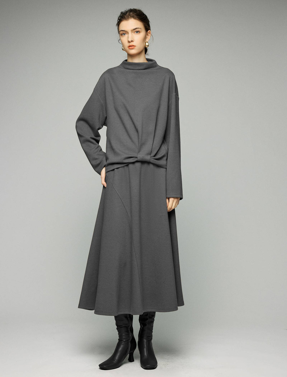 Wool Blend Twist-Front Mock-Neck Relaxed Top