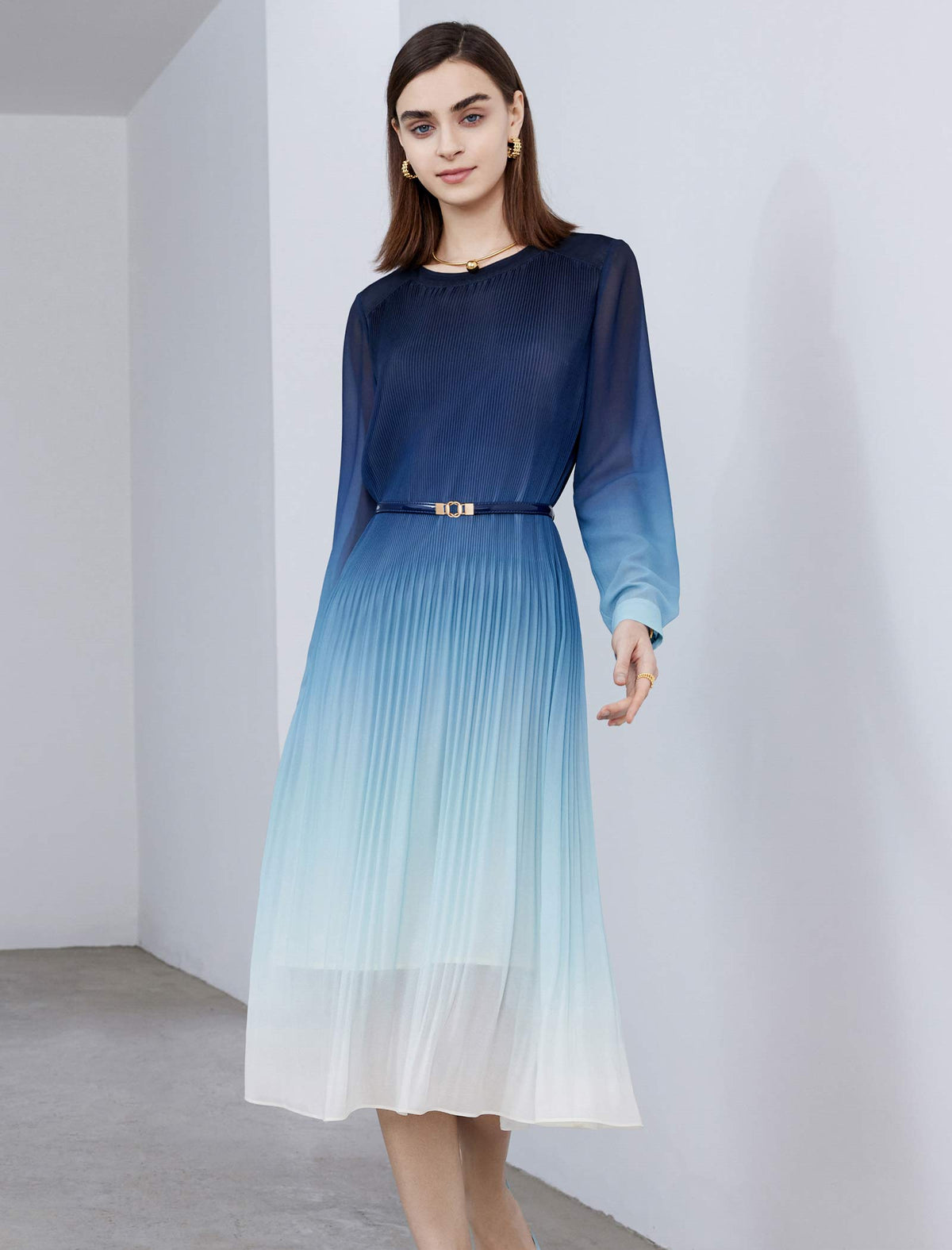 Blue Ombre Pleated Midi Dress