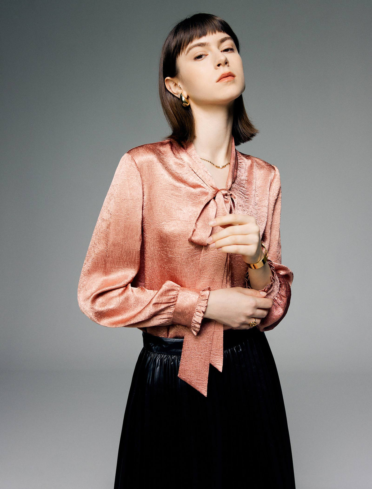 V-Neck Tie-Waist Long-Sleeve Blouse