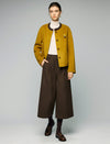 Wool Blend Contrast-Trim Crewneck Cropped Jacket with Brooch