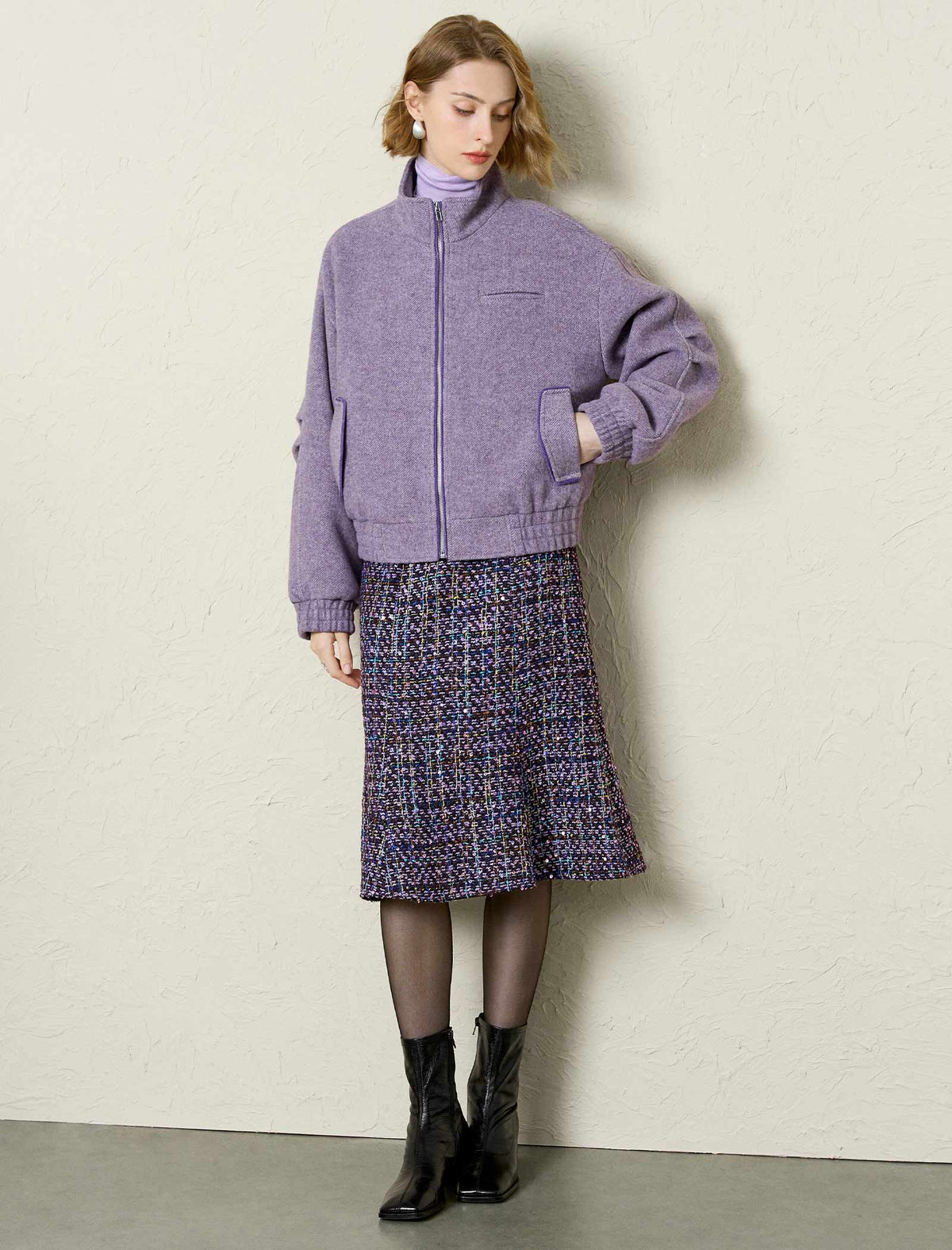 Lavender Textured Wool Blend Bomber Jacket