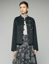 Wool Blend Frog-Button Fringe-Trim Stand-Collar Cropped Jacket