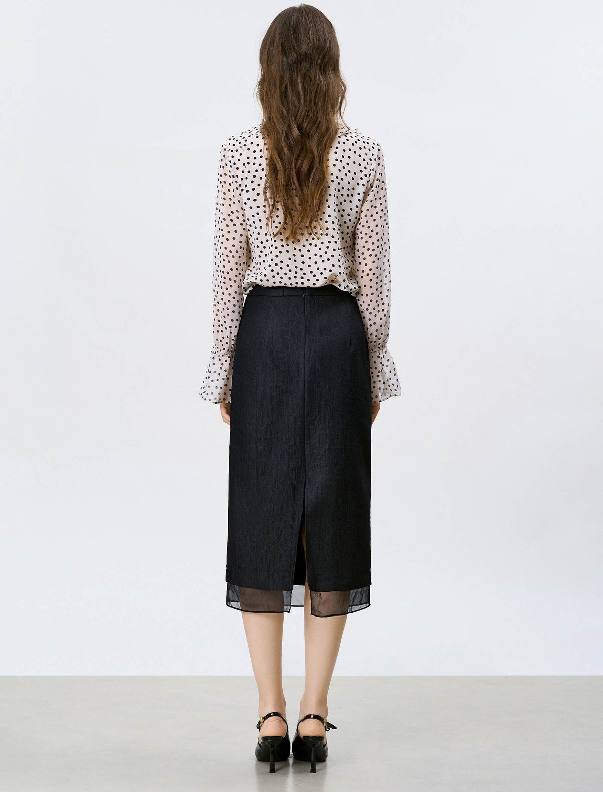 Black Textured Floral Accents Midi Skirt