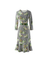 Floral Print Crewneck Belted Dress
