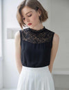 Lace Panel Chiffon Stand Collar Sleeveless Top