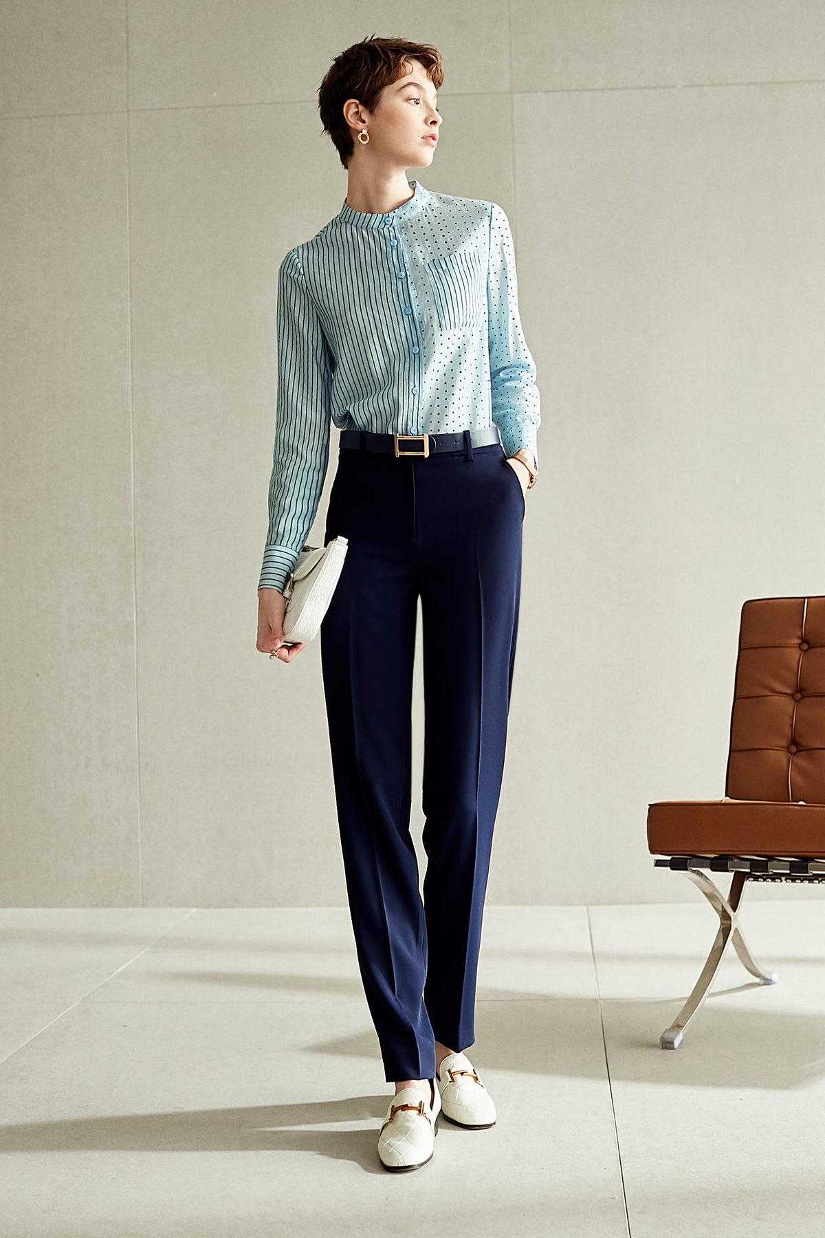 Mixed Pattern Button Down Blouse