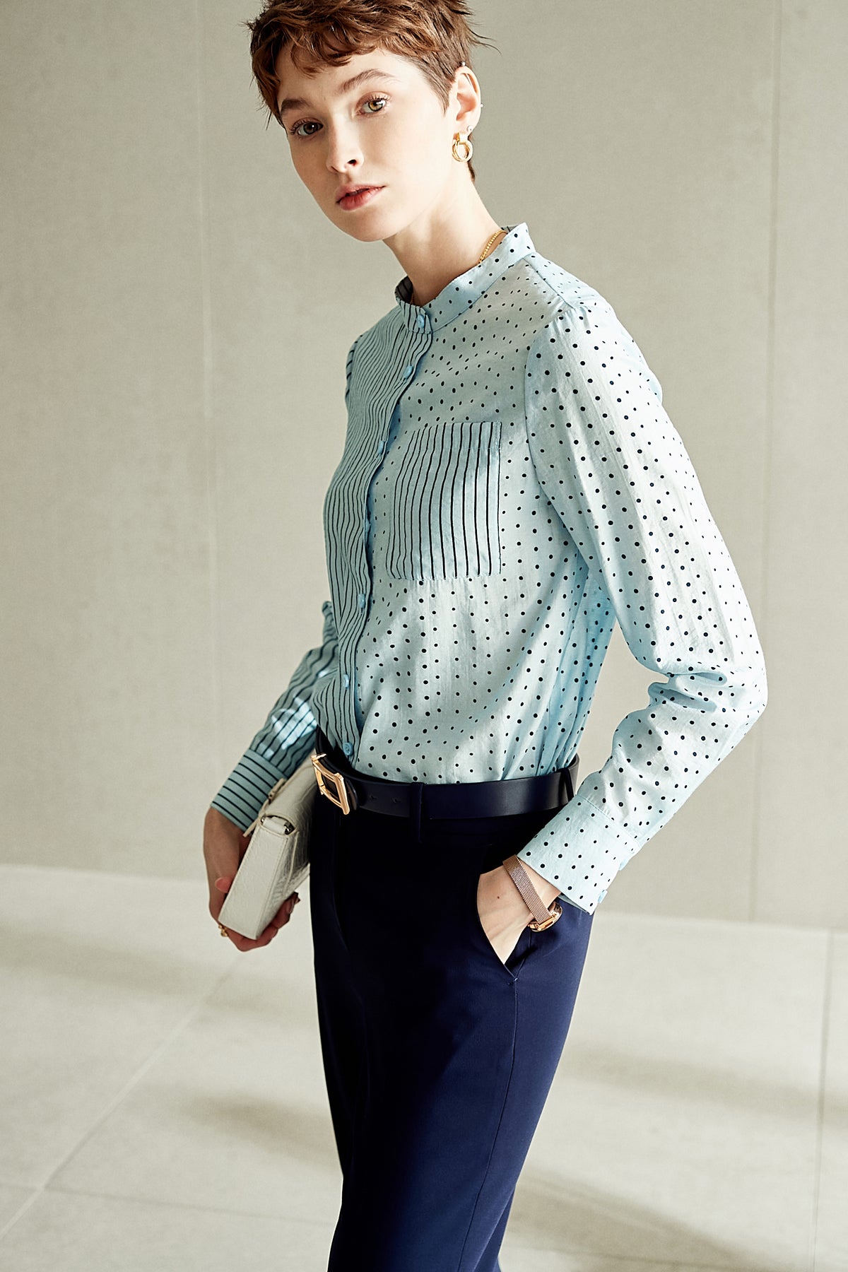 Mixed Pattern Button Down Blouse