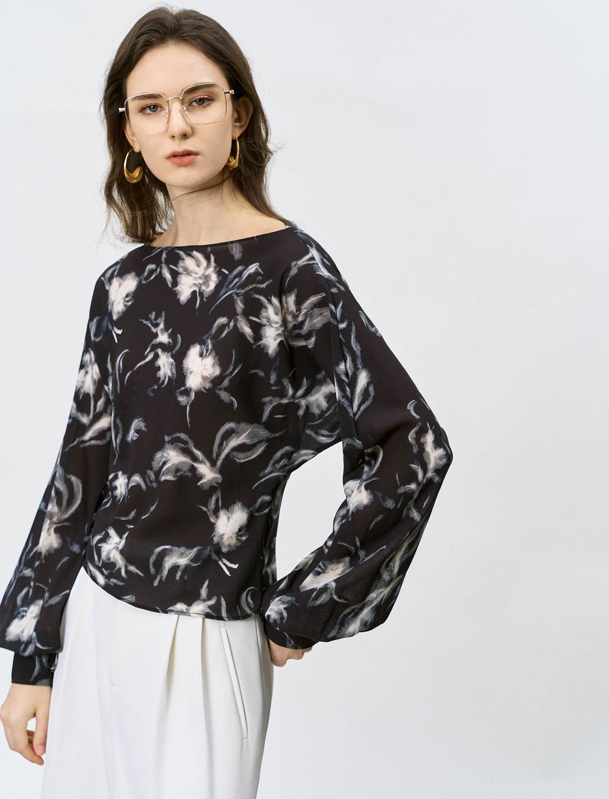 Abstract Floral Print Boat Neck Blouse