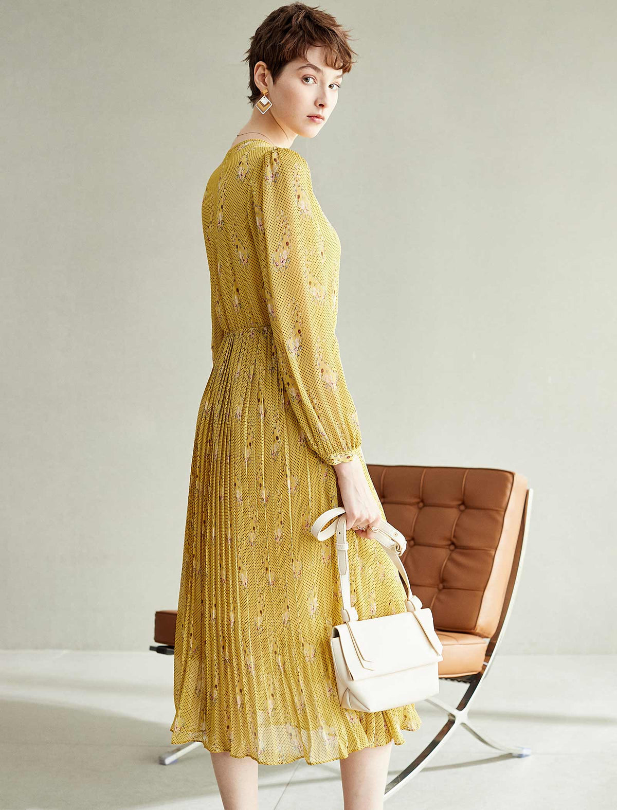 Mustard Yellow Floral Pleated Midi Dress