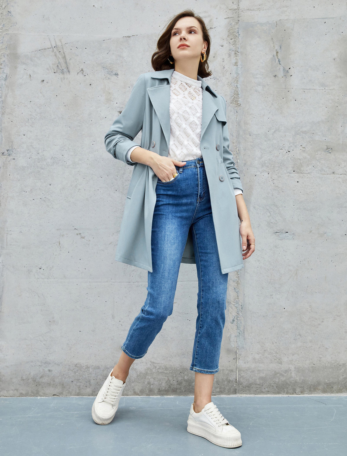 Drawstring Waist Double-Breasted Long Sleeve Trench Coat