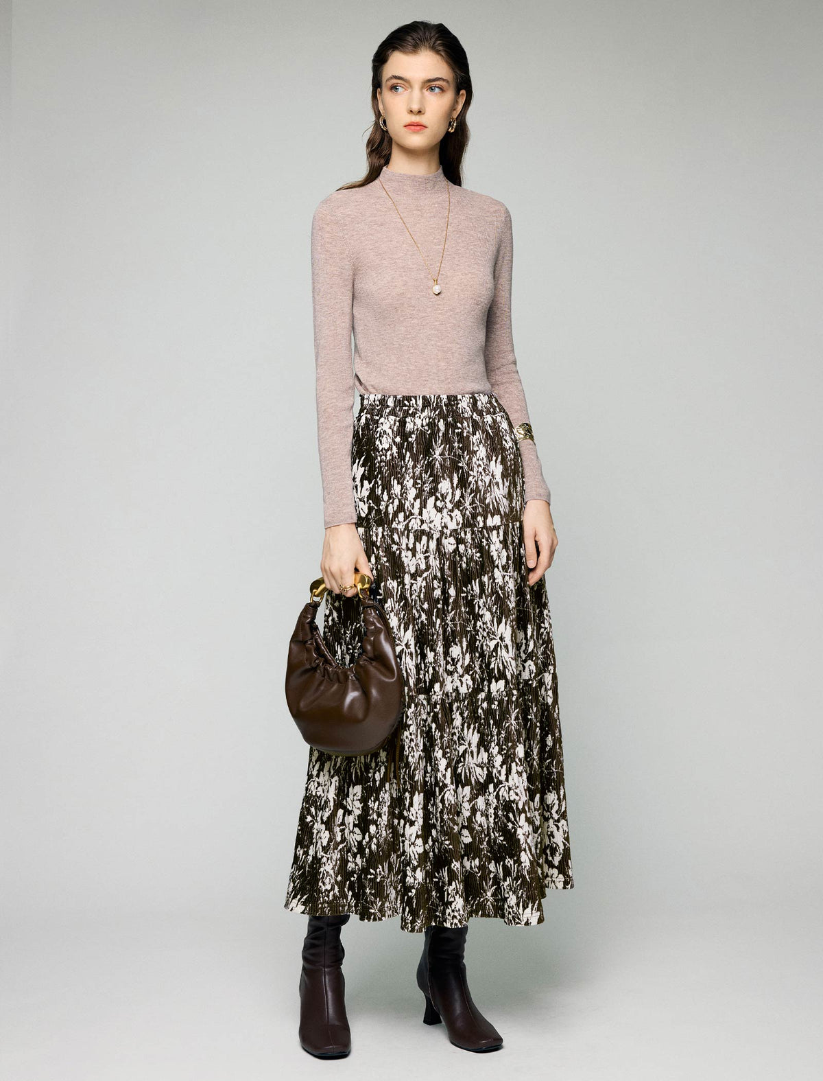 Watercolor Floral Tiered Elastic-Waist A-Line Midi Skirt
