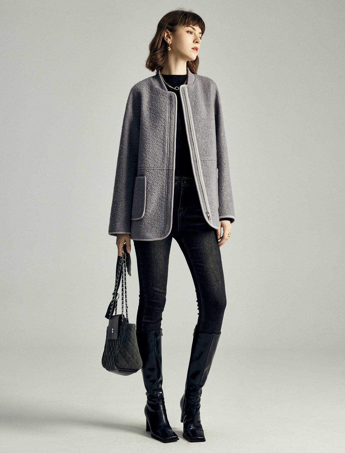 Wool-Blend Pocket Detail Bomber Jacket