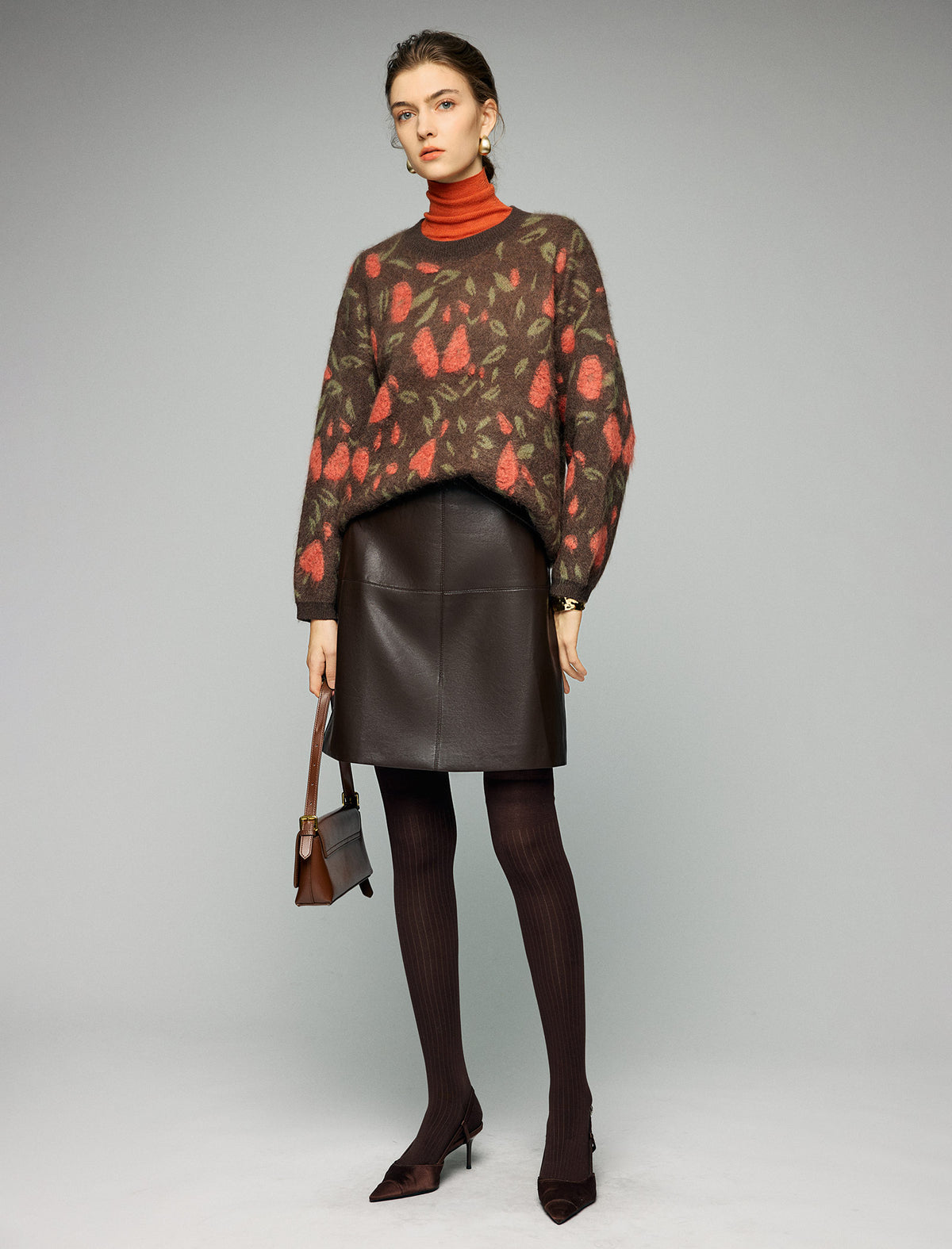 Wool and Mulberry Silk Blend Floral Jacquard Crewneck Relaxed Sweater