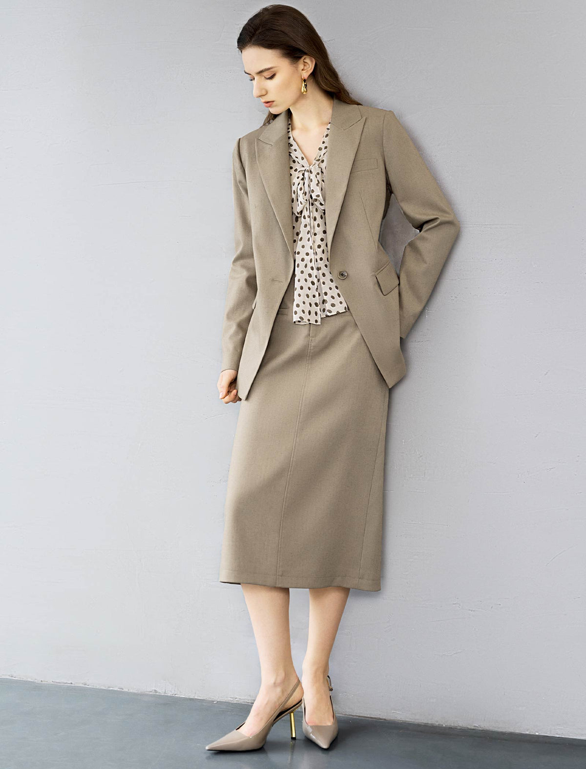 Oatmeal Ditsy Dot Tie-Neck Blouse