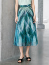 Green Blue Watercolor Print Chiffon Midi Skirt