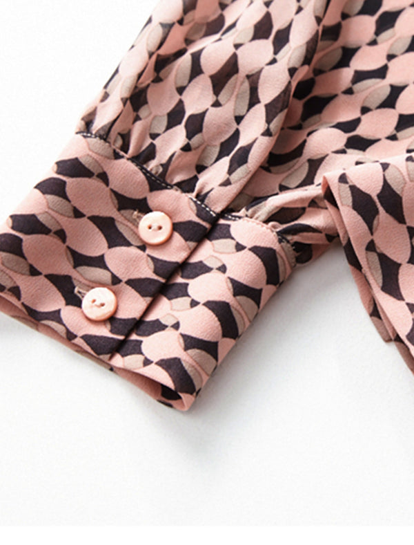 Geometric Print Ruffled Neckline Midi Dress