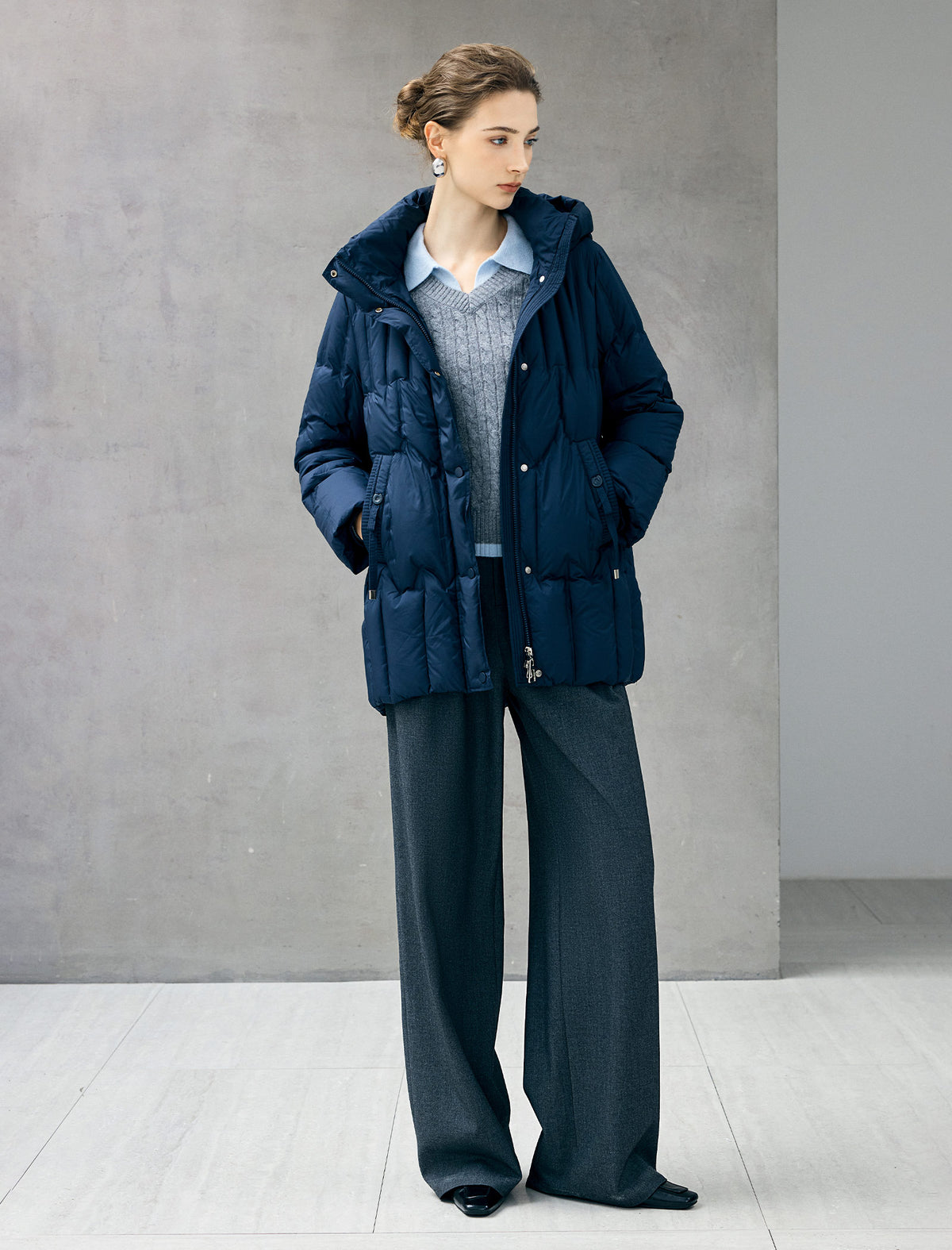 Hooded Seamless-Quilted Zip-Front Mid-Length Puffer Coat