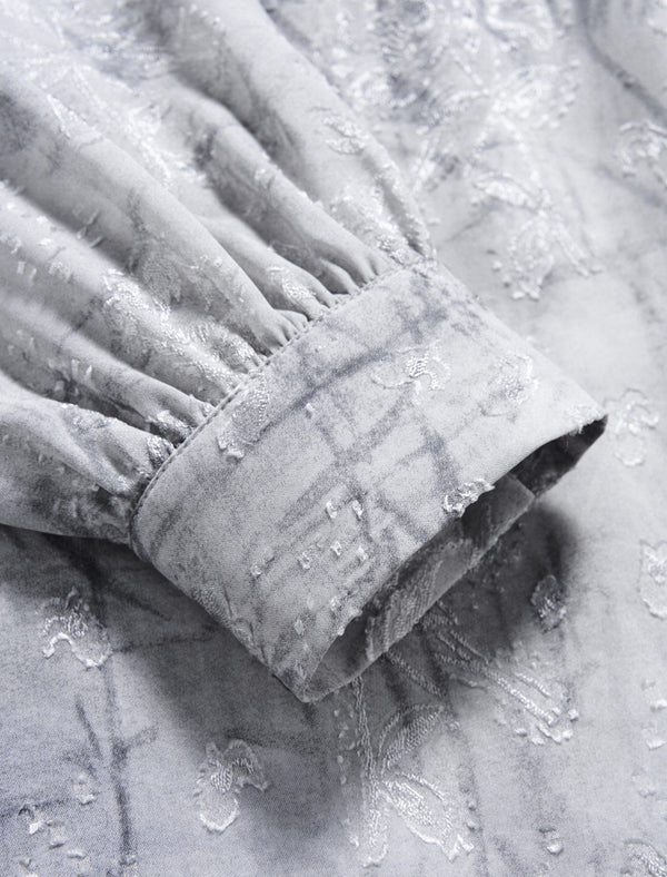 Floral Jacquard Scarf Detail Puff Sleeve Blouse