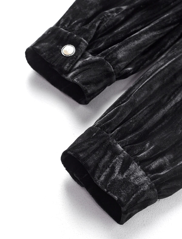 Black Velvet Embellished Button-Up Top