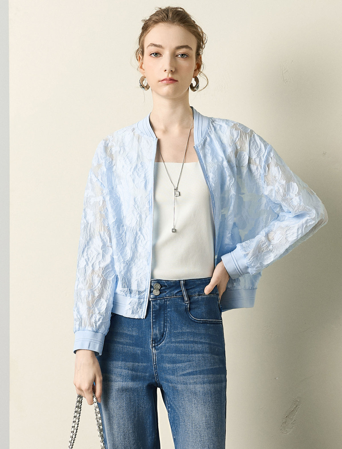 Sheer Floral Lace Zip-Up Sun Jacket