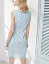 Dusty Blue Floral Lace Sheath Sleeveless Dress