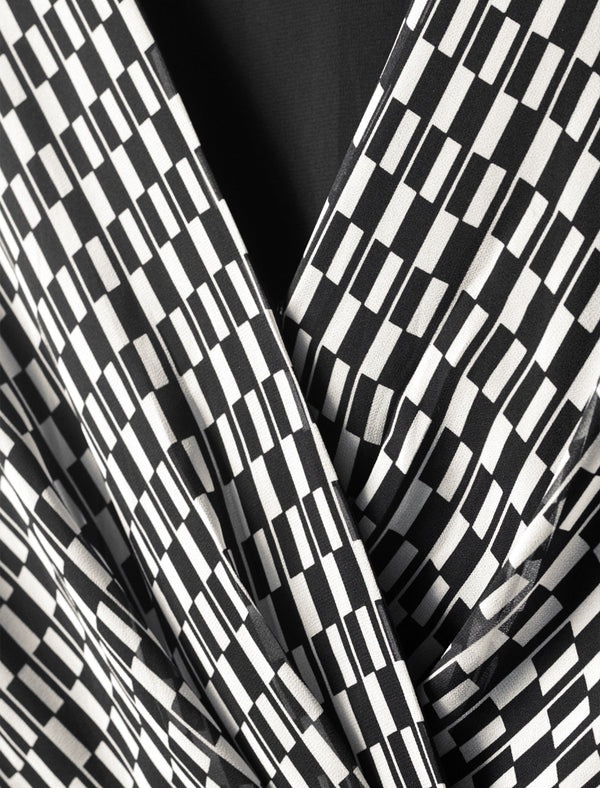 Checkered Wrap V-Neck Midi Dress