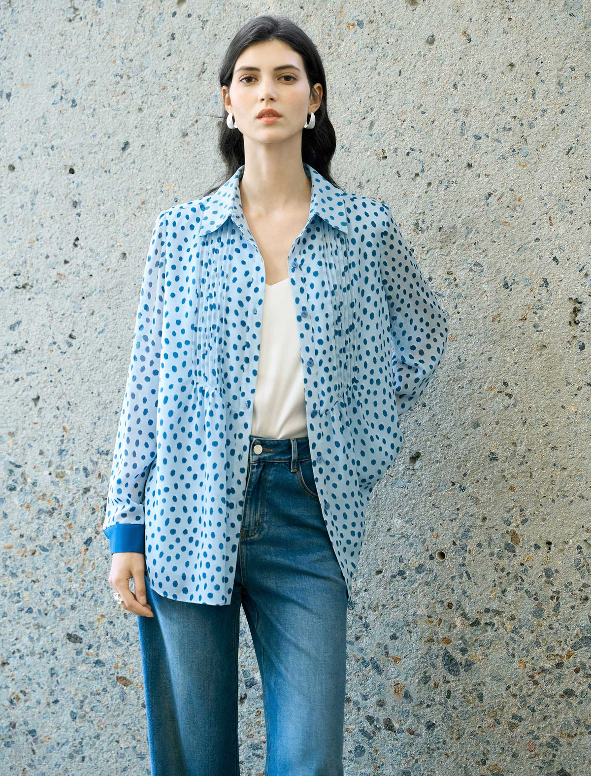 Light Blue Polka Dot Belted Shirt