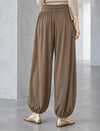 Draped Wool-Blend Ruched Waistband Lantern Pants