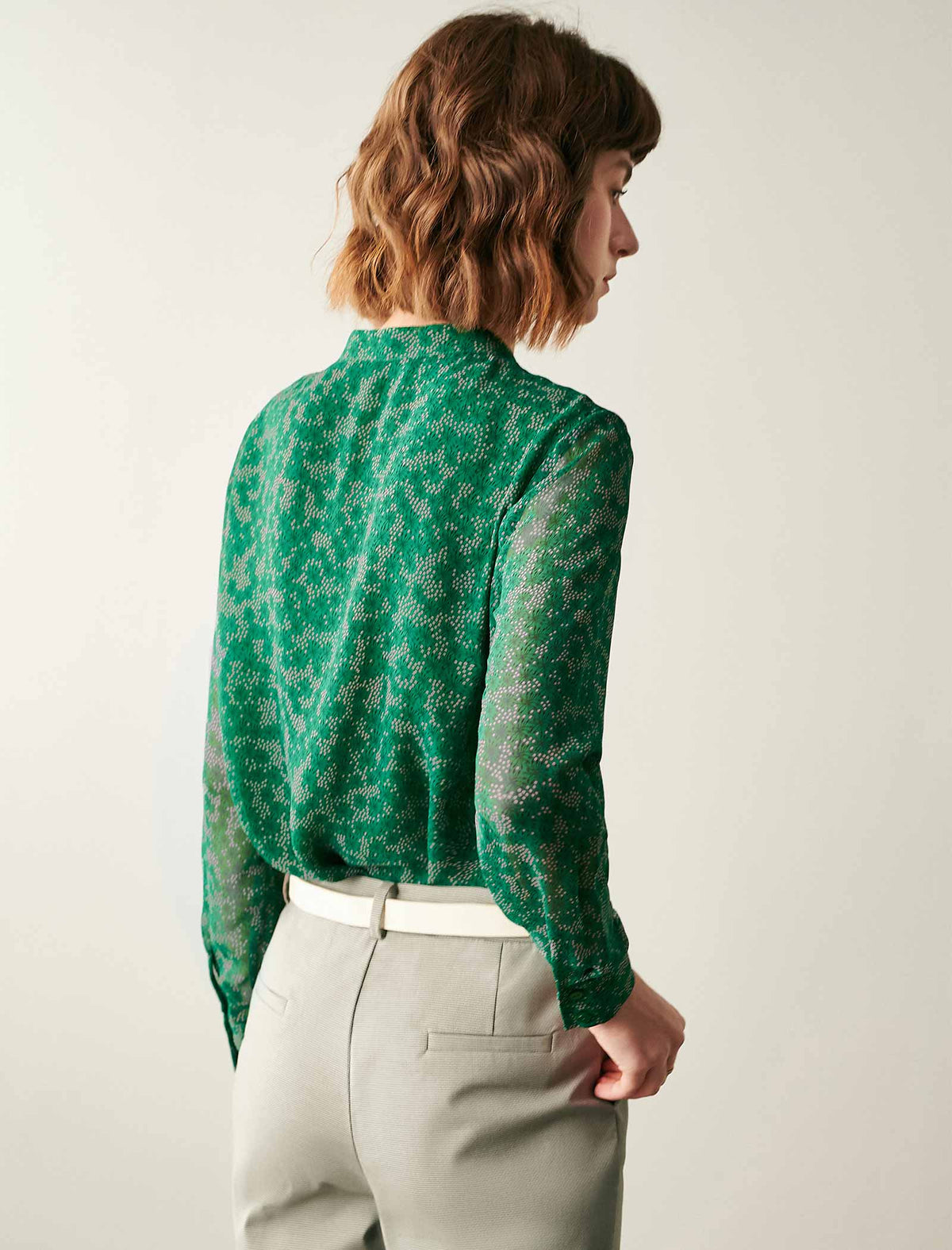 Emerald Green Ditsy-Print Pleated Blouse