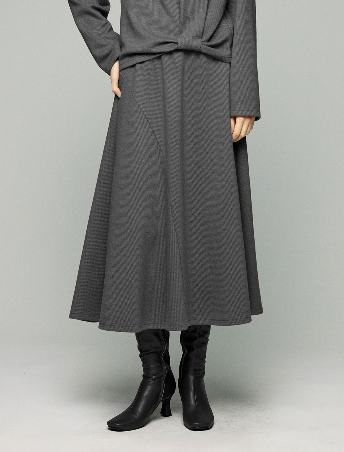 Wool Blend Elastic-Waist A-Line Midi Skirt