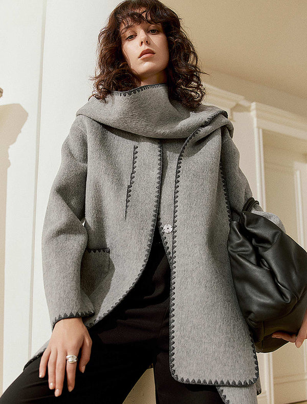 Wool-Blend Contrast Stitching Hooded Coat