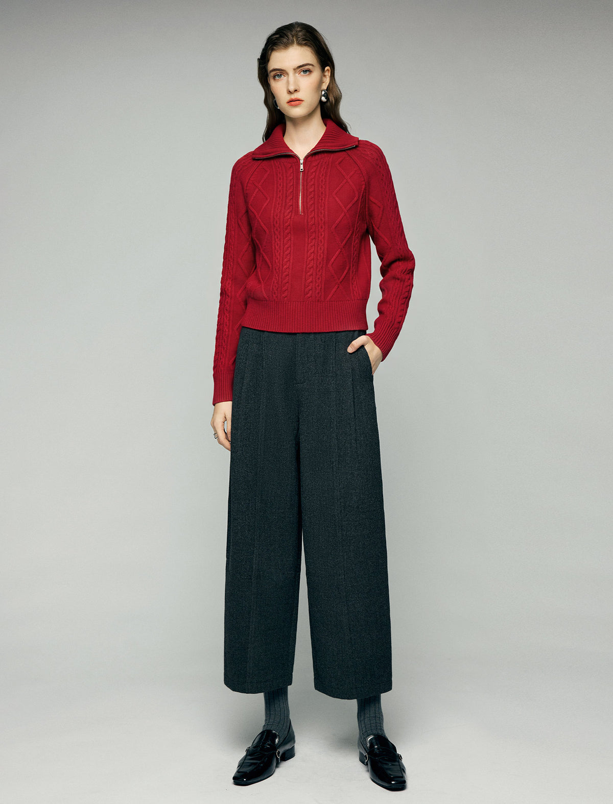 Wool Blend Cable-Knit Collared Half-Zip Sweater