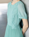 Mint Green Lace Detail Pleated Puff Sleeve Midi Dress