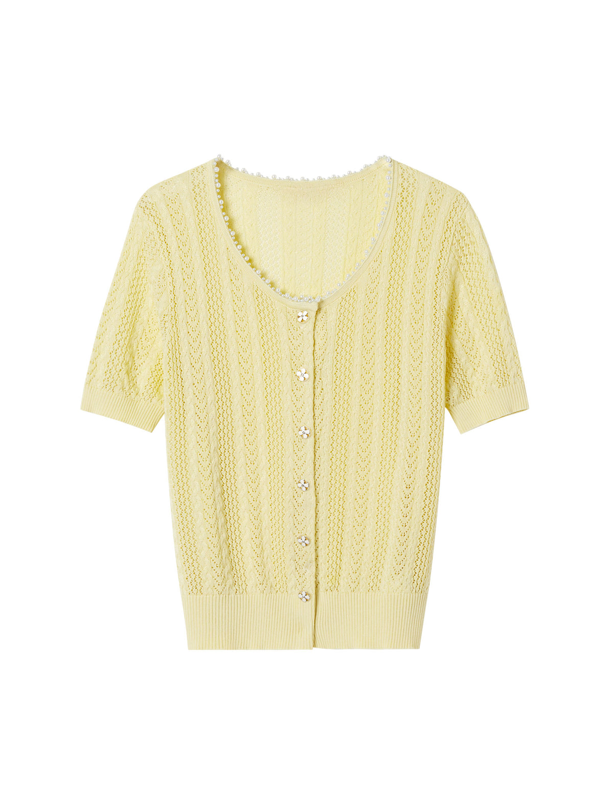 Pale Yellow Tencel Pearl Trim Knit Cardigan