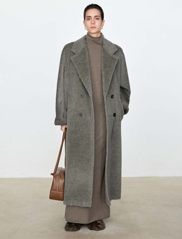 100% Alpaca Double-Breasted Wool Long Coat